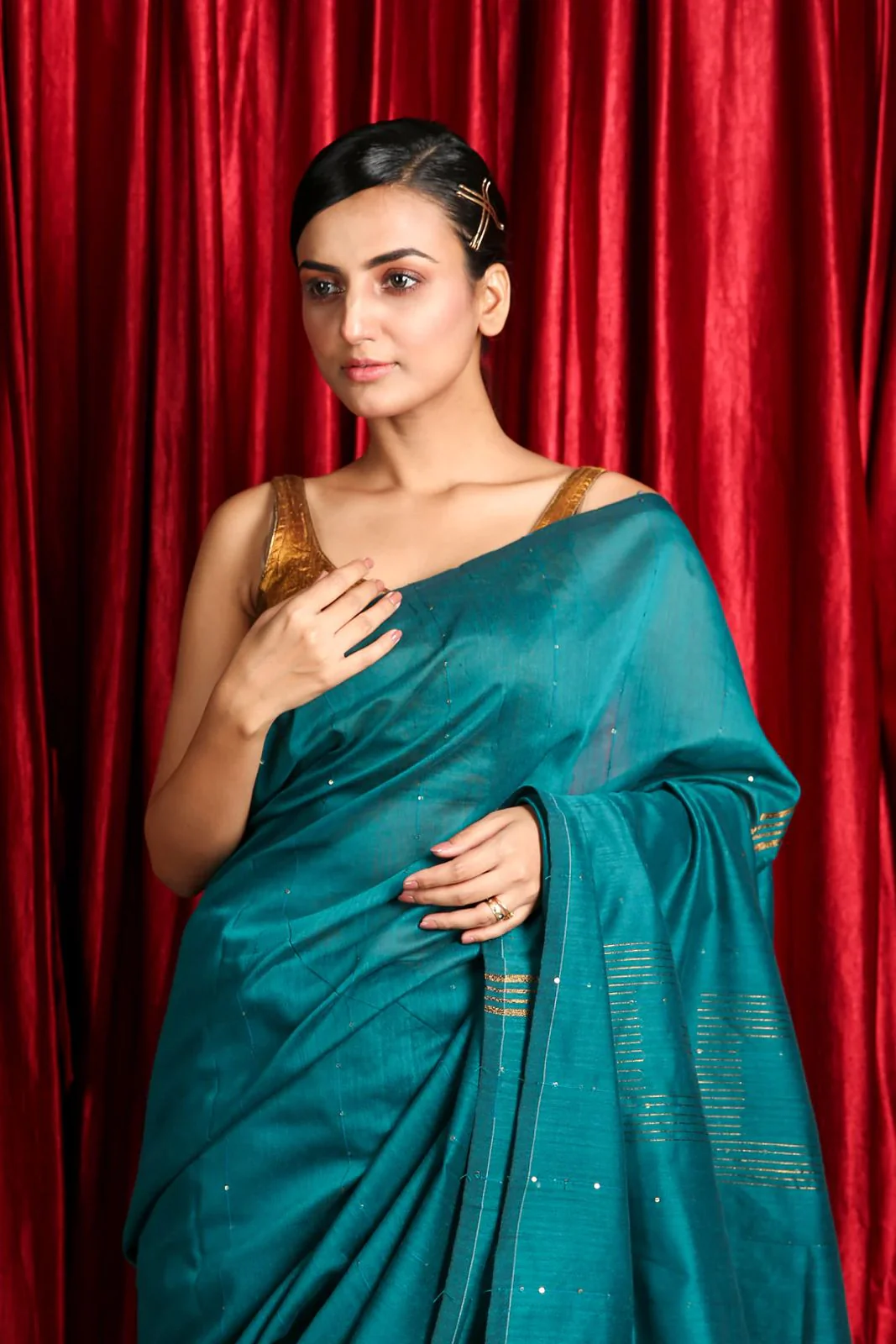 Women Cotton Silk Seqence Check Saree - Image 2