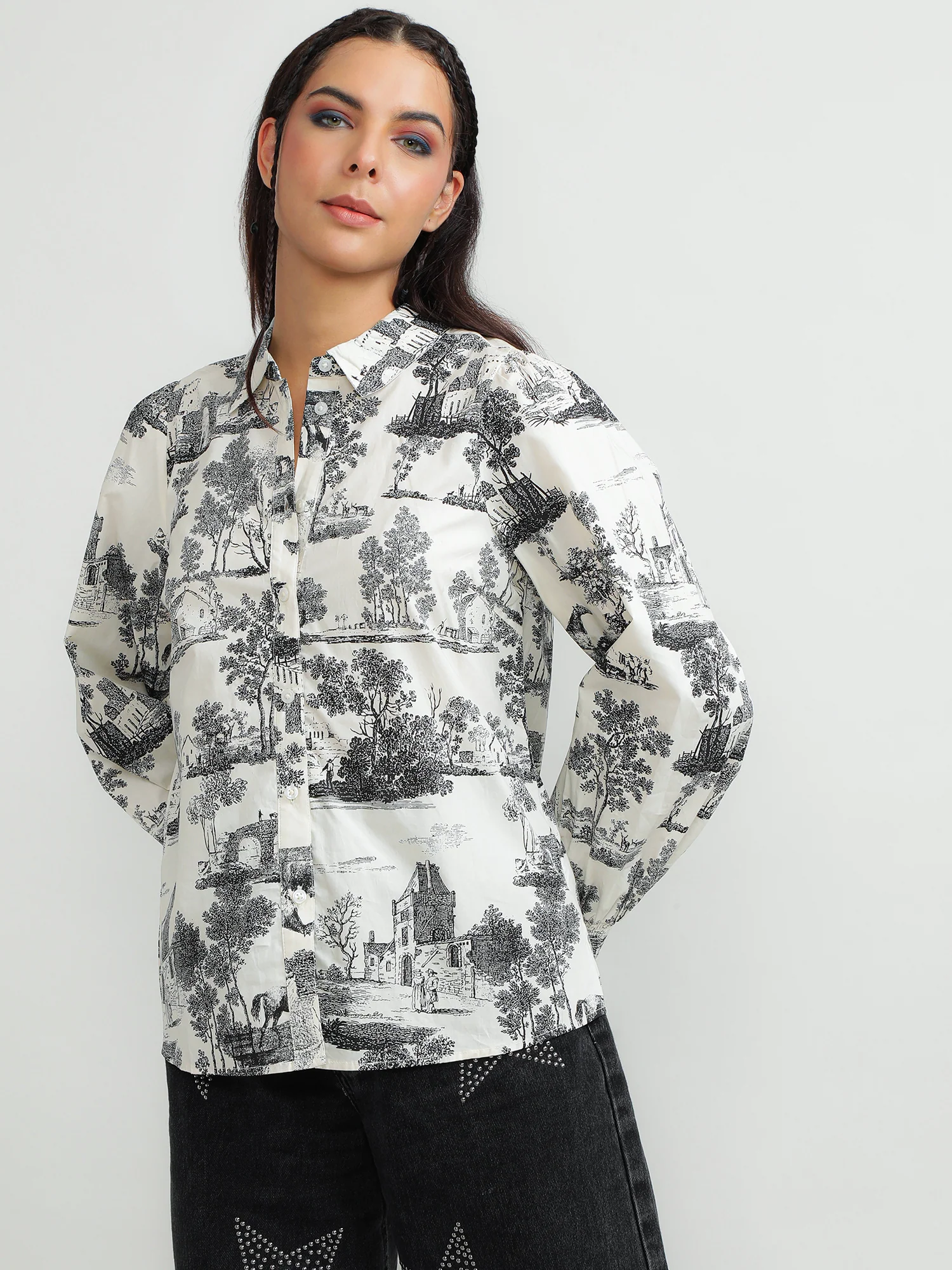 Women Cotton White Printed Shirt - Image 2