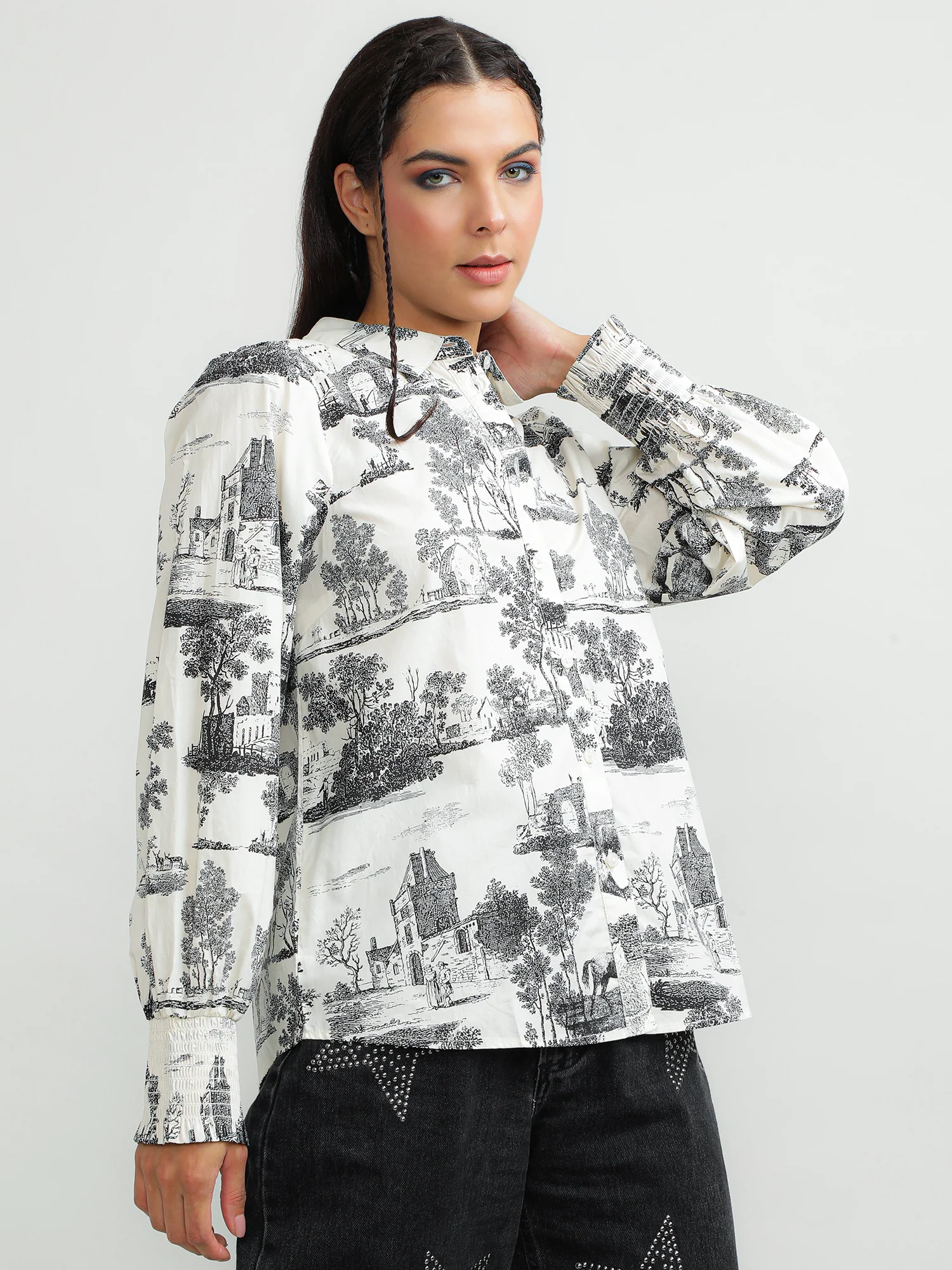 Women Cotton White Printed Shirt - Image 3