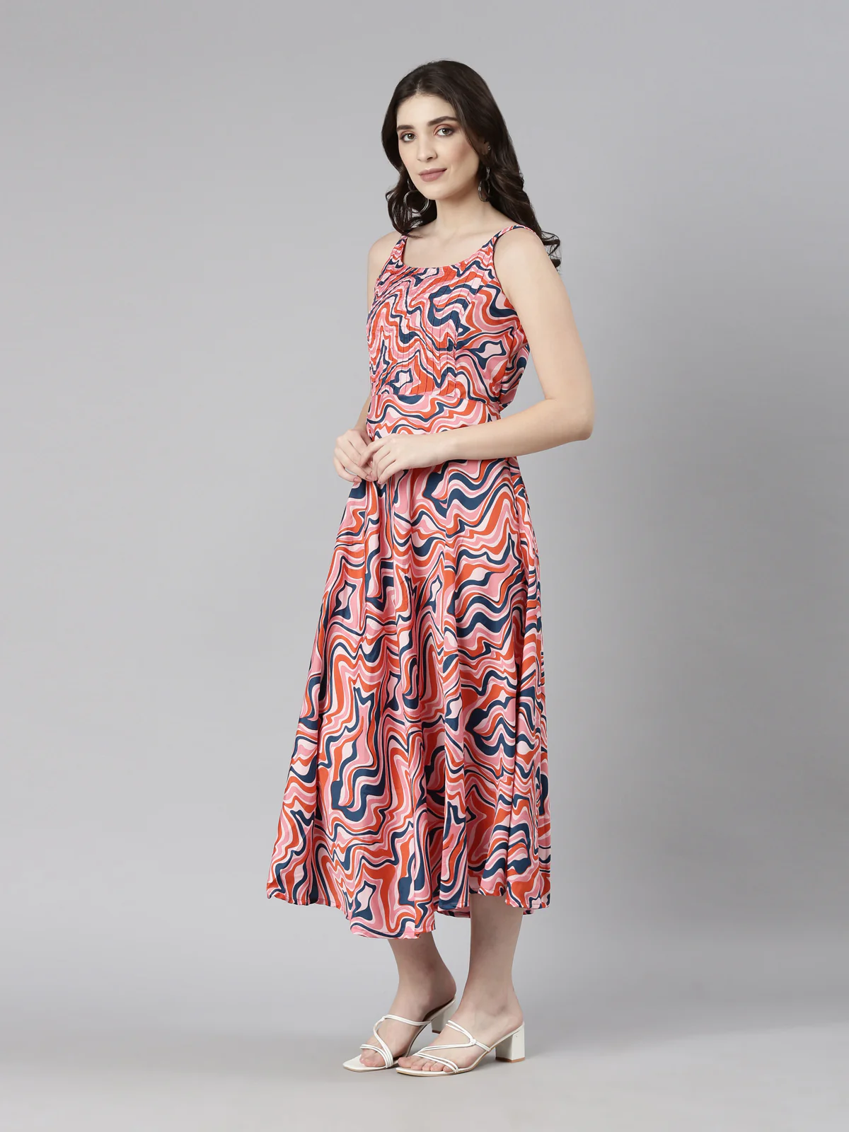 Women Cream Abstract Print Fit & Flare Midi Dress