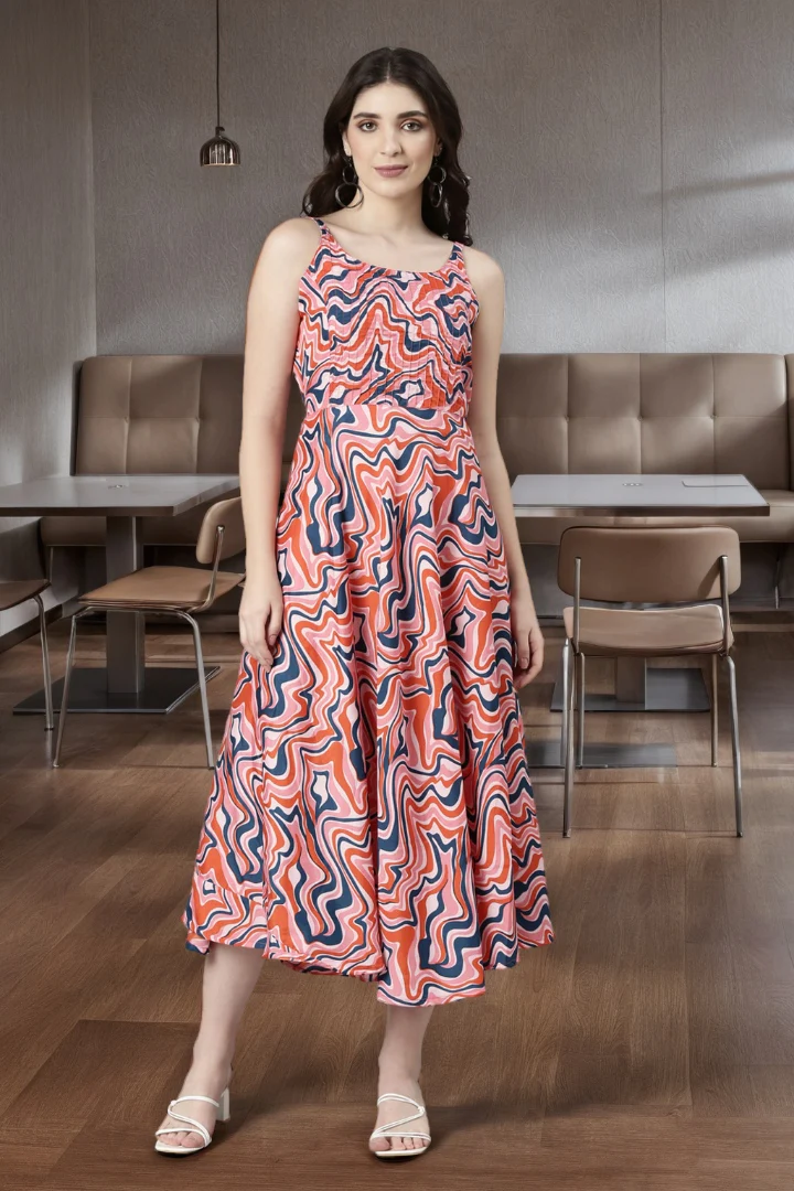 Women Cream Abstract Print Fit & Flare Midi Dress - Image 5