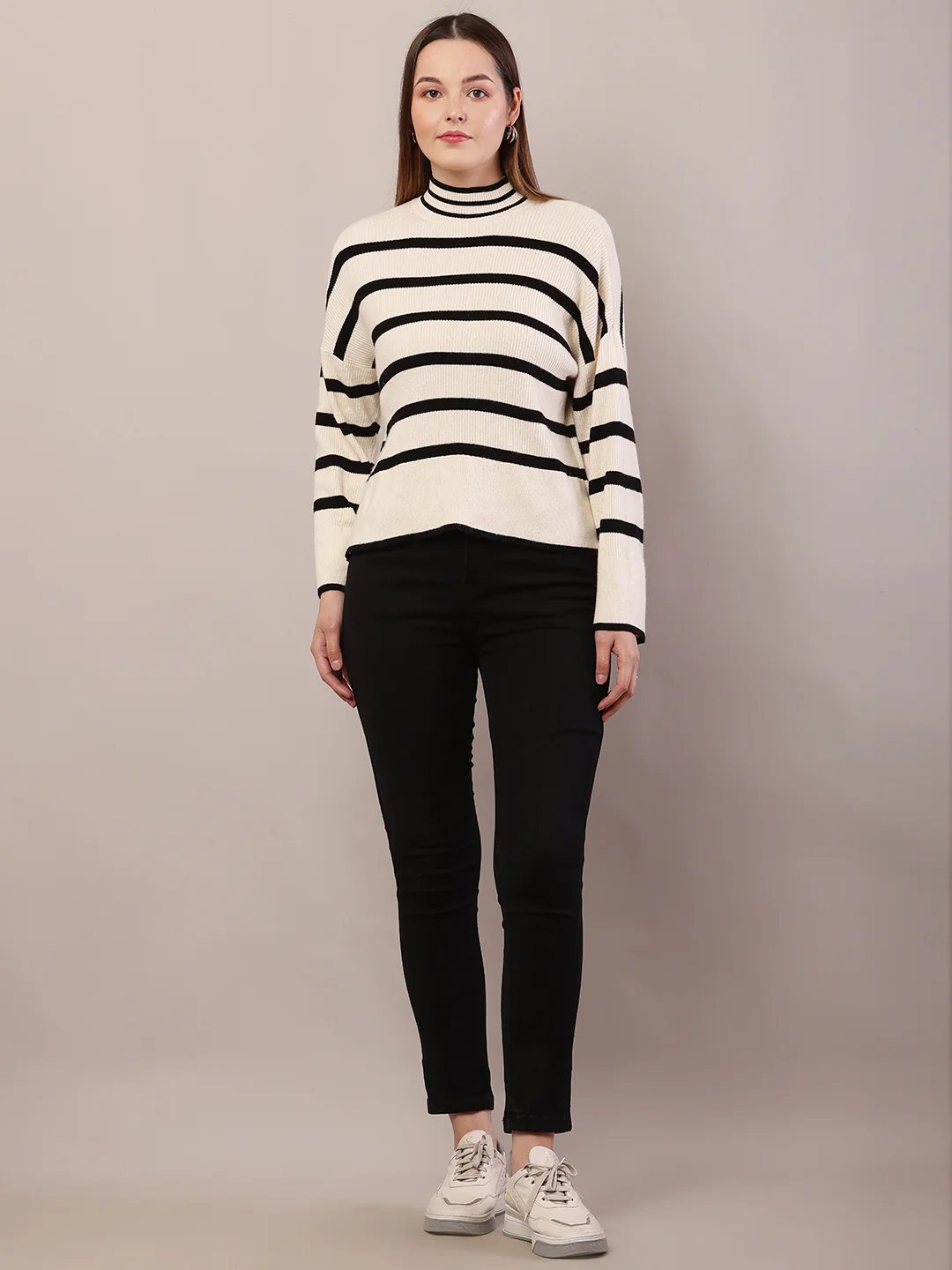 Women cream and black acrylic striped sweater - Image 3