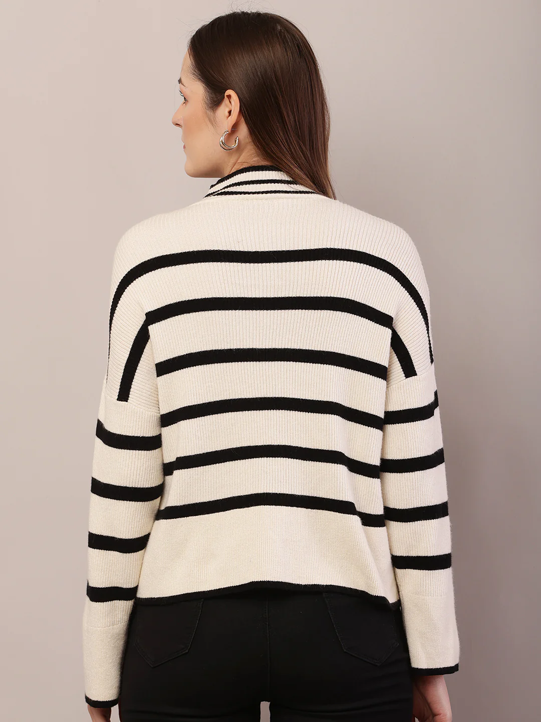 Women cream and black acrylic striped sweater - Image 4