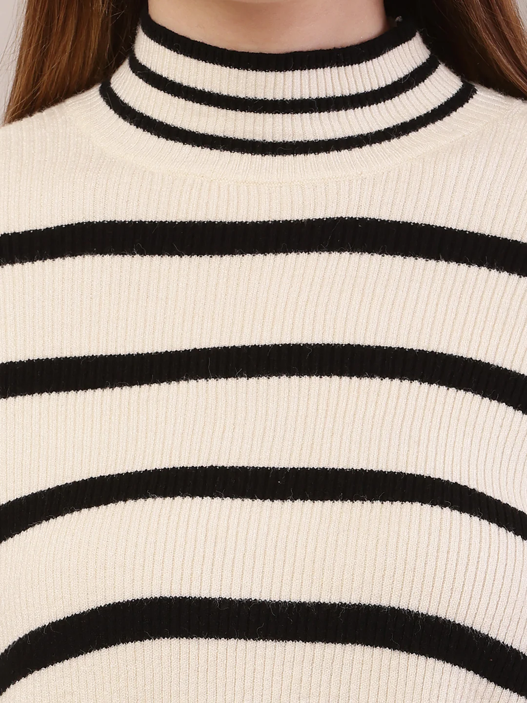 Women cream and black acrylic striped sweater - Image 5
