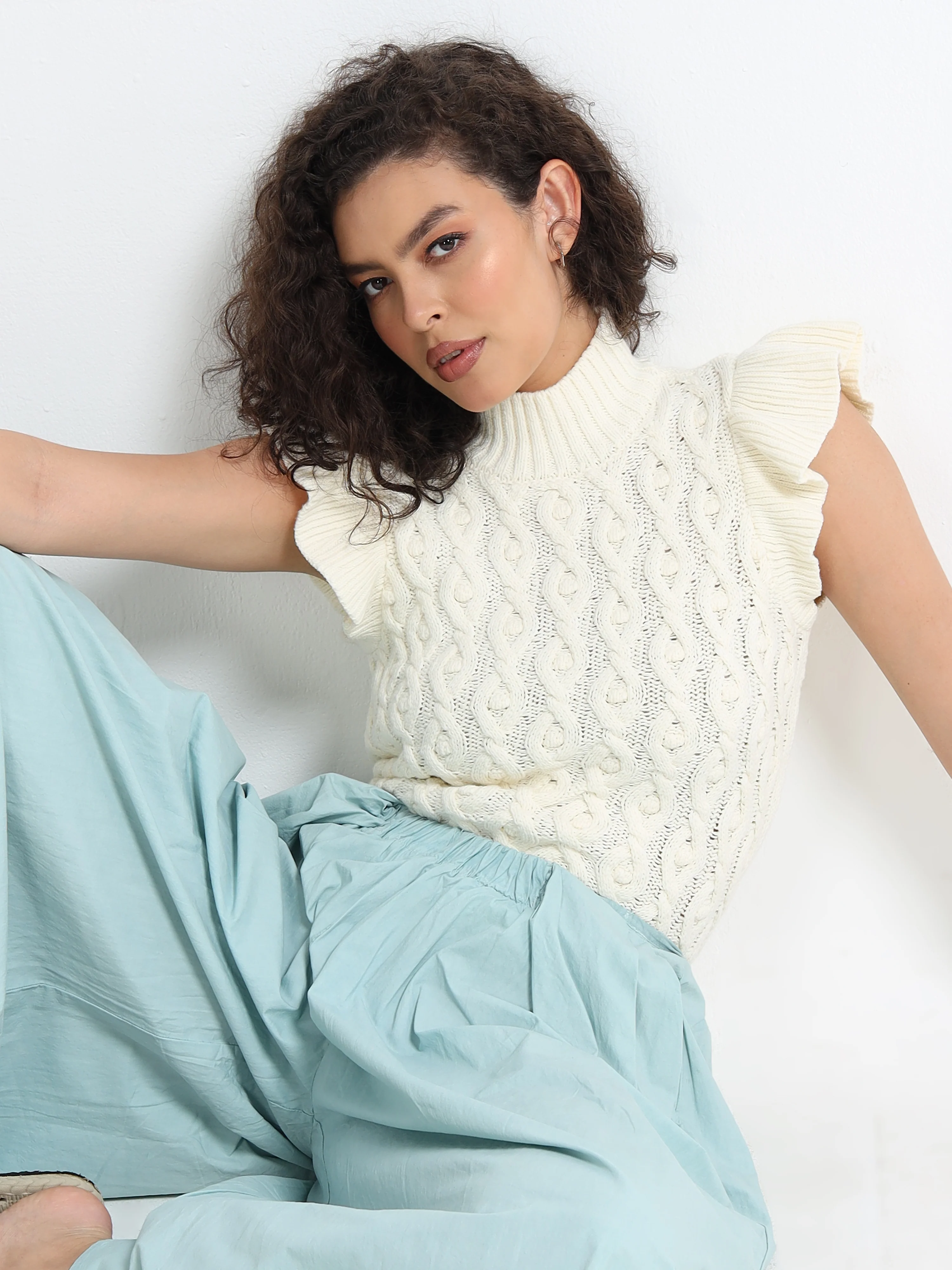 Women Cream Cable Knit Sweater - Image 4