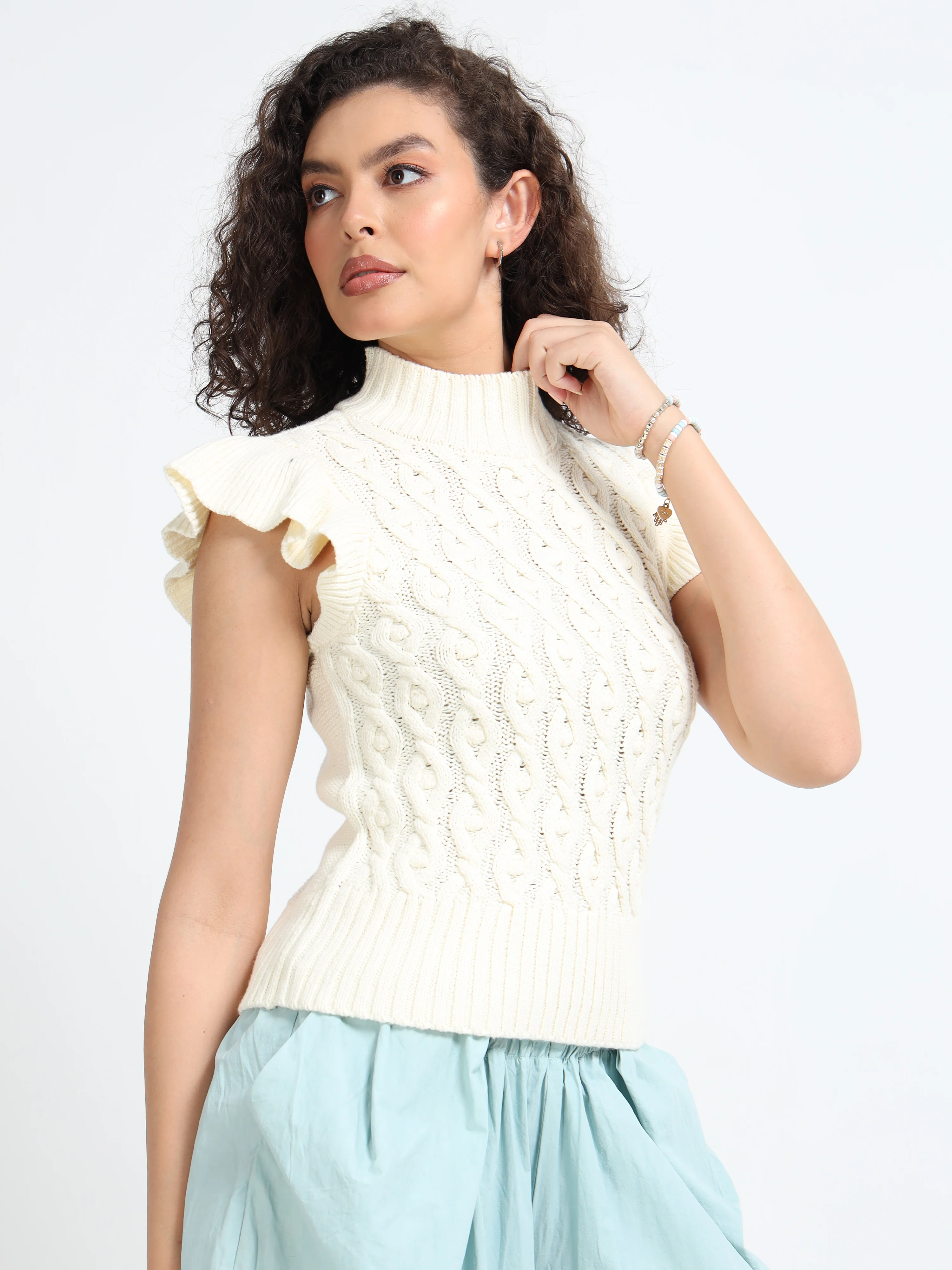Women Cream Cable Knit Sweater - Image 5