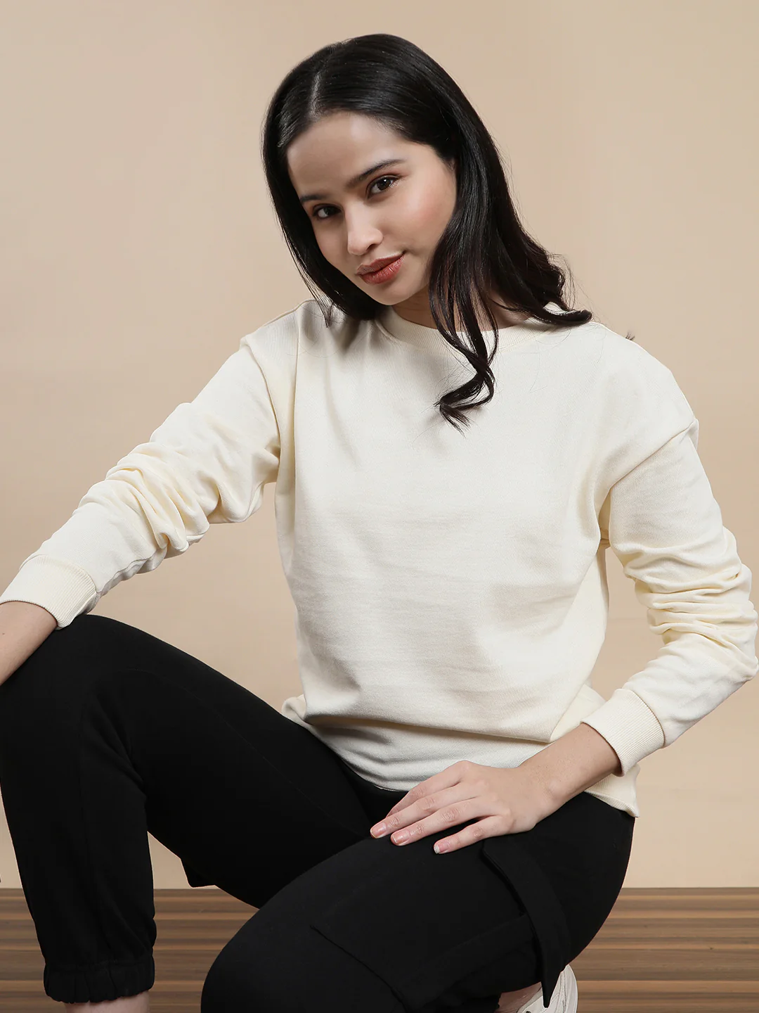 Women Cream Casual Sweatshirt - Image 3