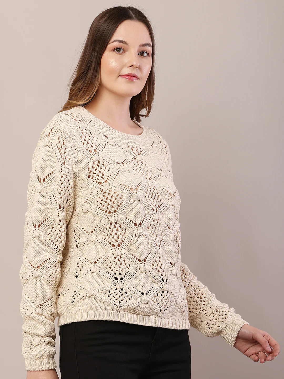 Women cream cotton full sleeve round neck sweater - Image 2