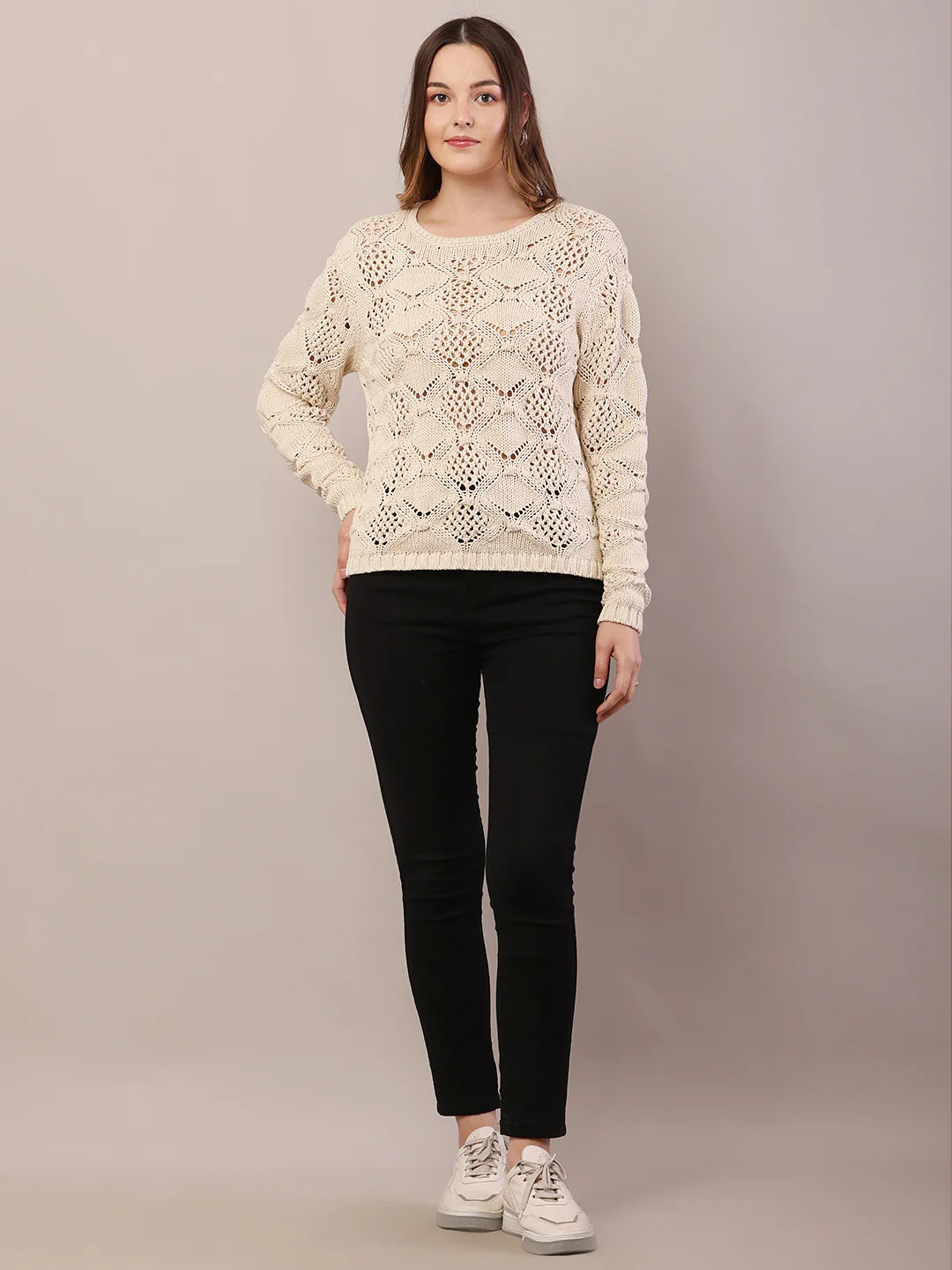 Women cream cotton full sleeve round neck sweater - Image 3