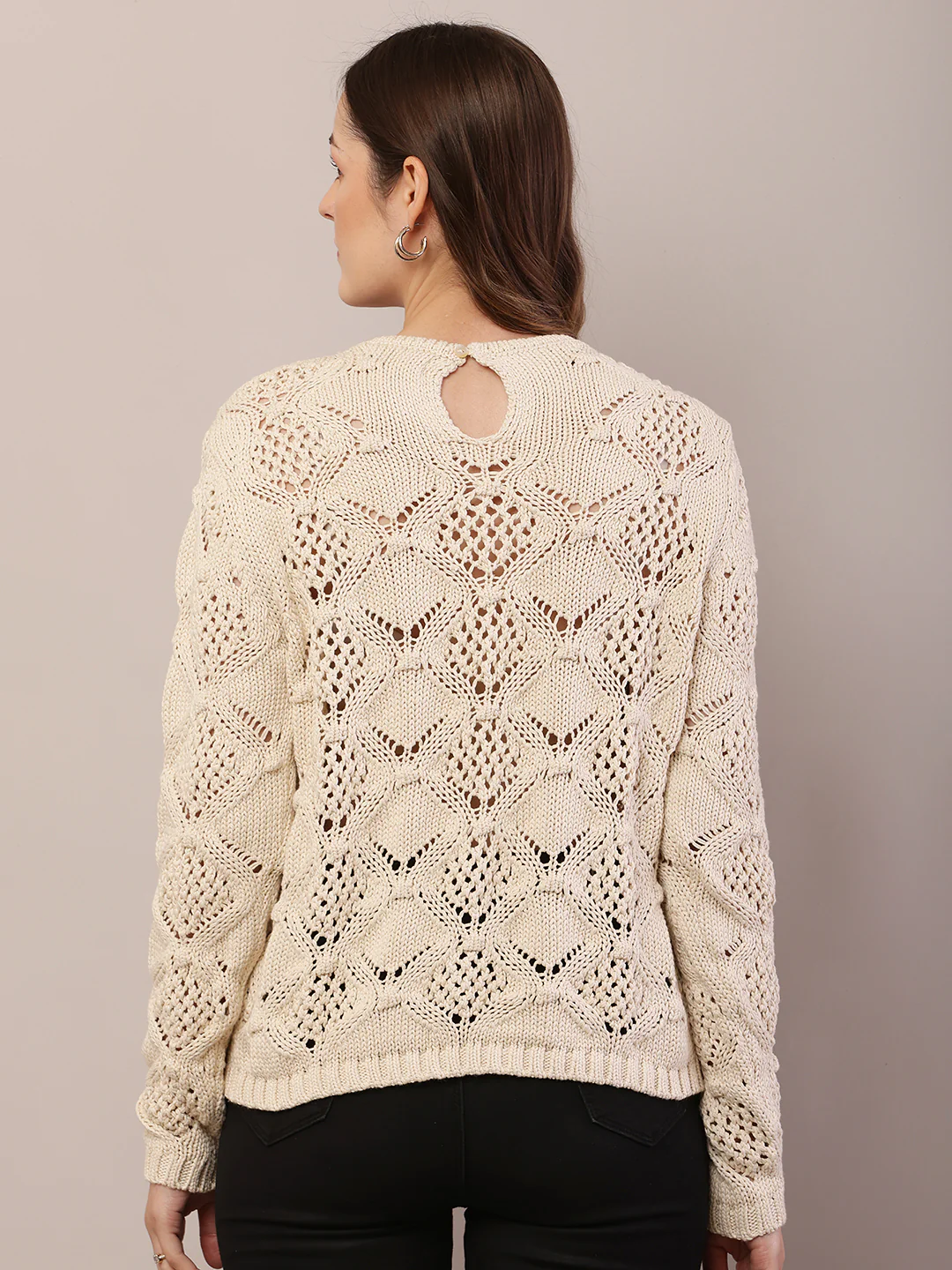 Women cream cotton full sleeve round neck sweater - Image 4