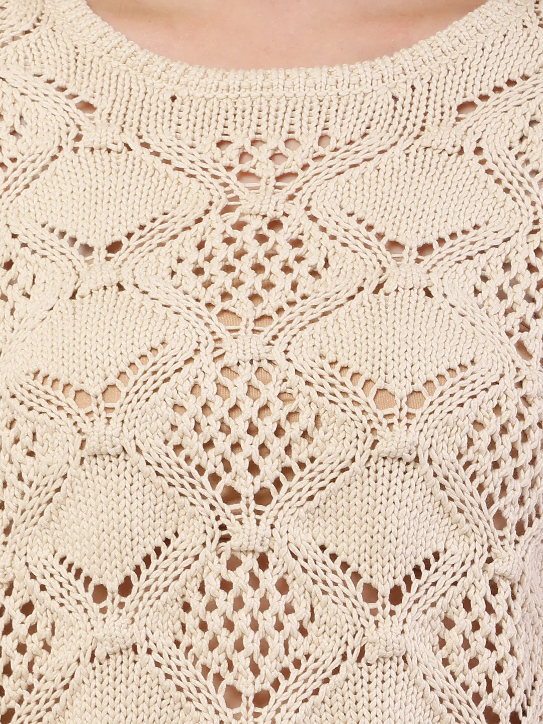 Women cream cotton full sleeve round neck sweater - Image 5