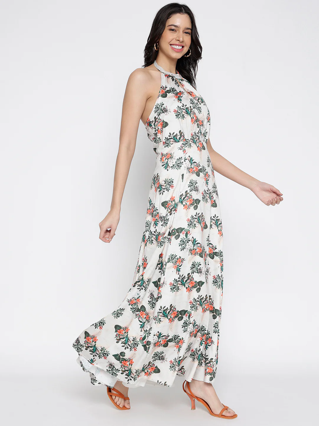 Women Cream Crepe Flora Fun Maxi Dress - Image 6