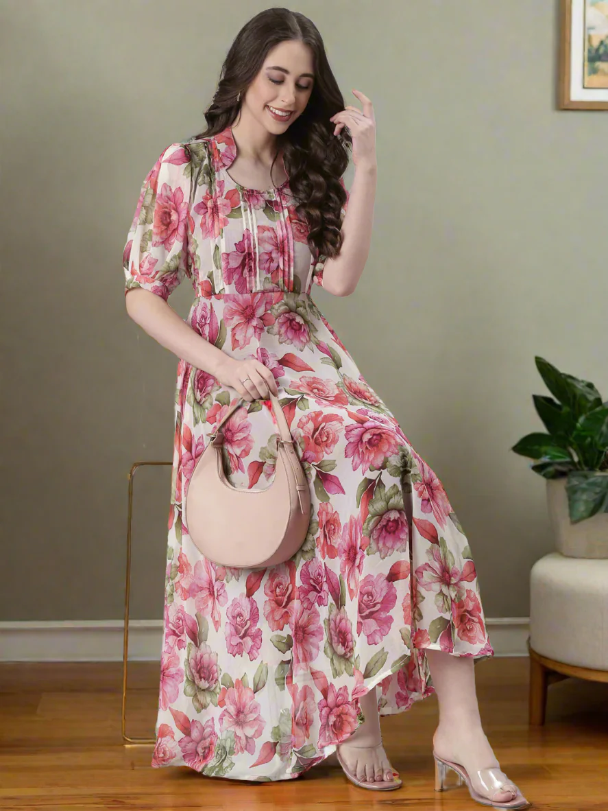 Women Cream Floral Chiffon Dress - Image 2