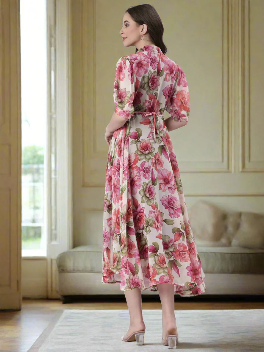 Women Cream Floral Chiffon Dress - Image 3