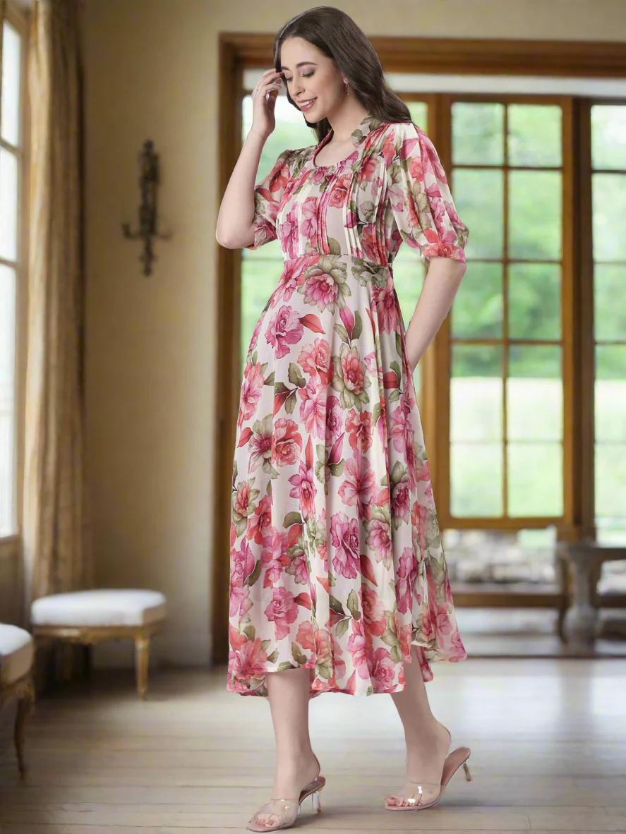 Women Cream Floral Chiffon Dress - Image 4