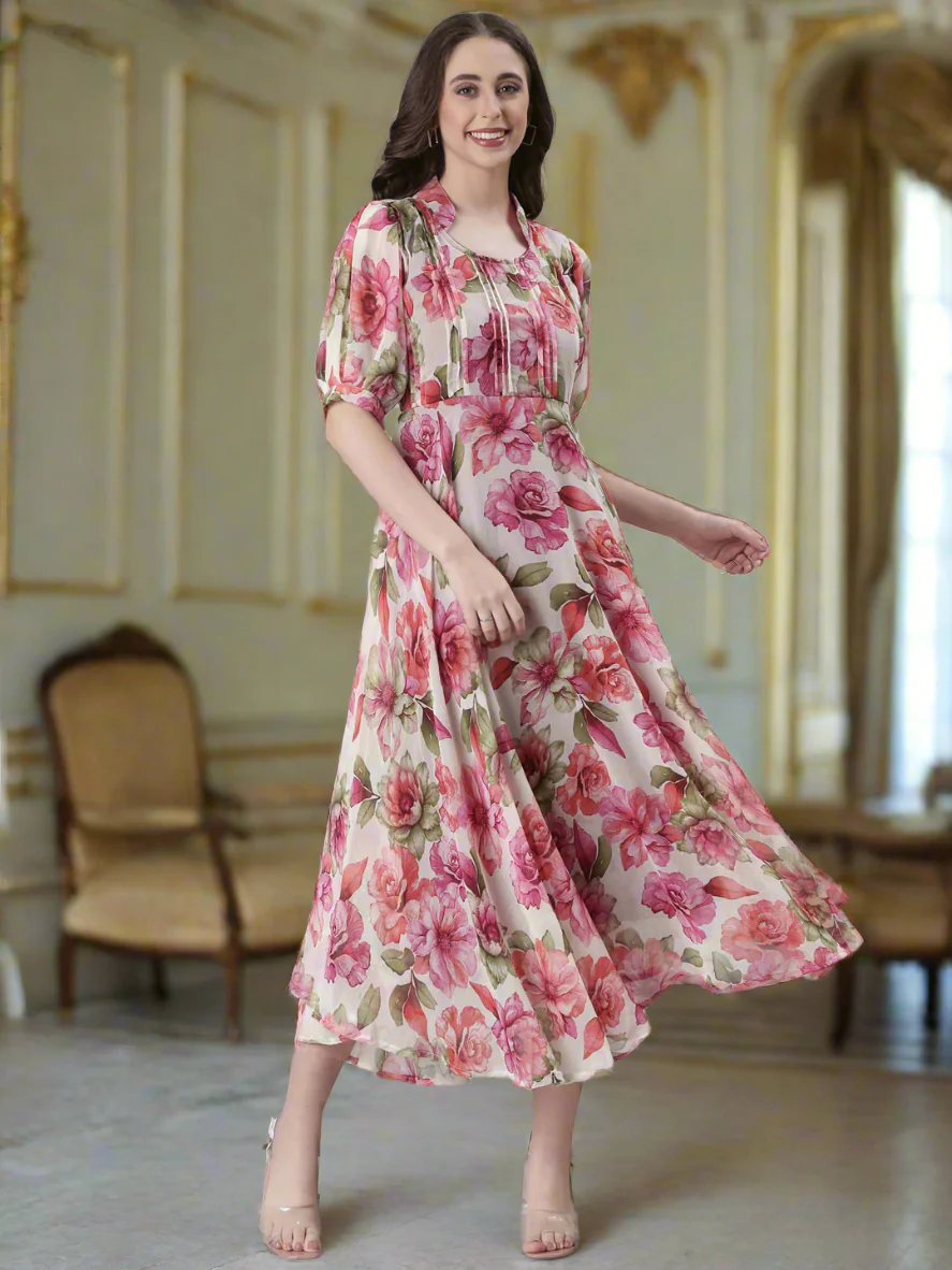 Women Cream Floral Chiffon Dress - Image 5
