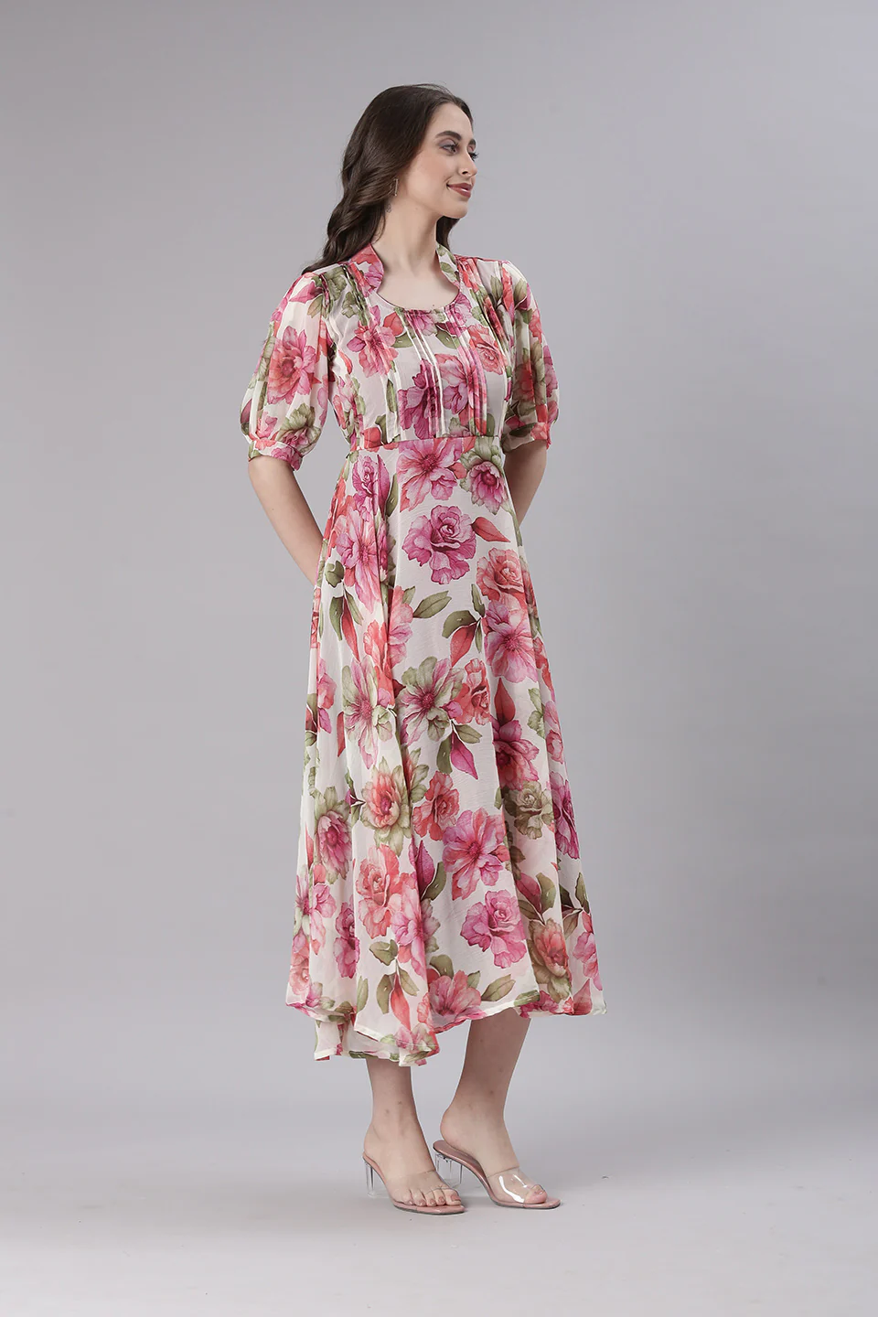 Women Cream Floral Chiffon Dress - Image 6