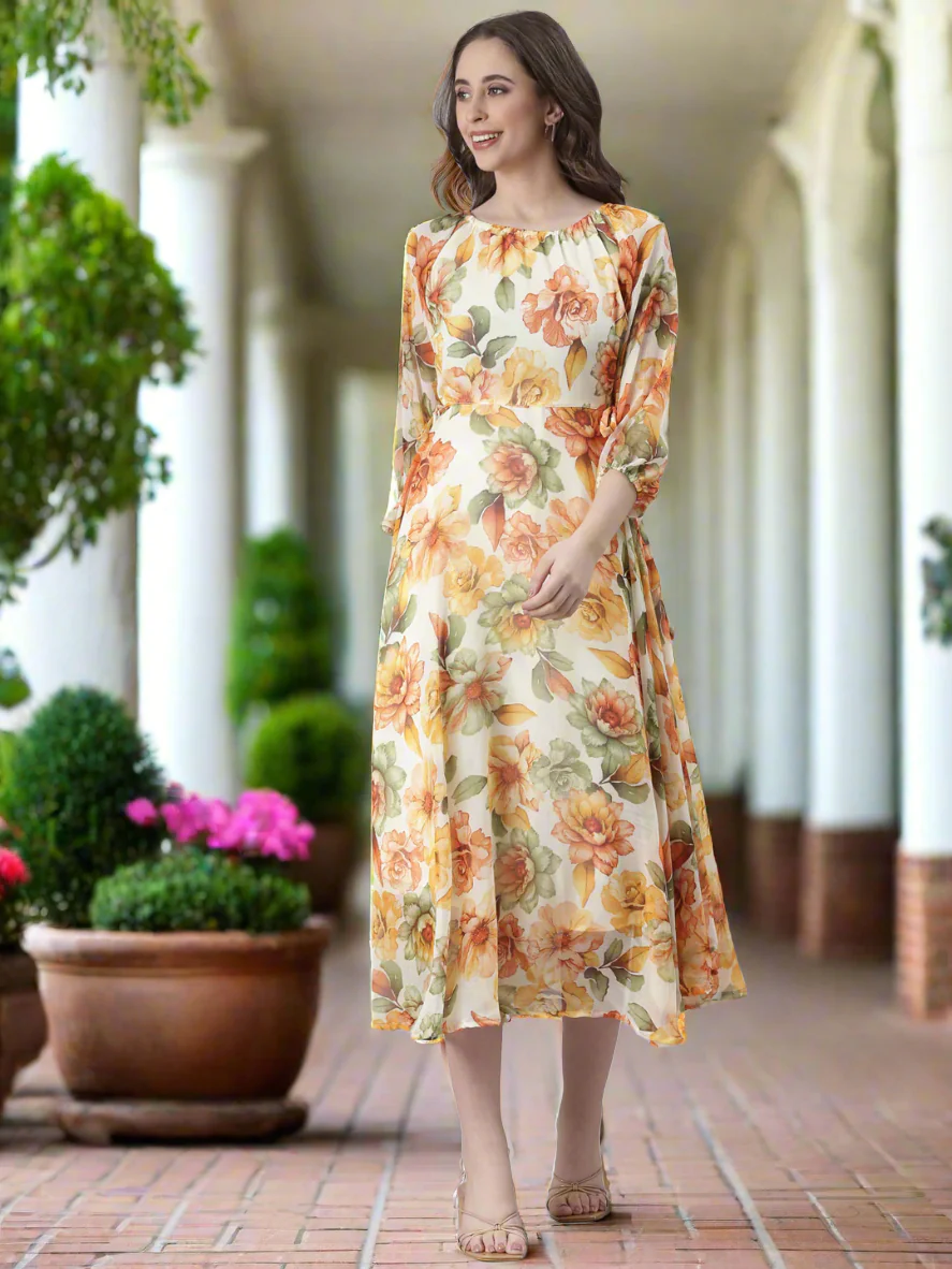 Women Cream Floral Chiffon Dress - Image 2