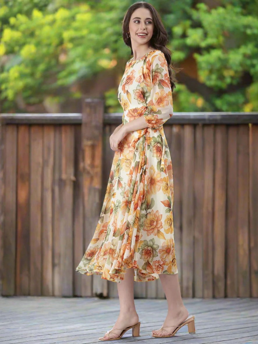 Women Cream Floral Chiffon Dress - Image 3