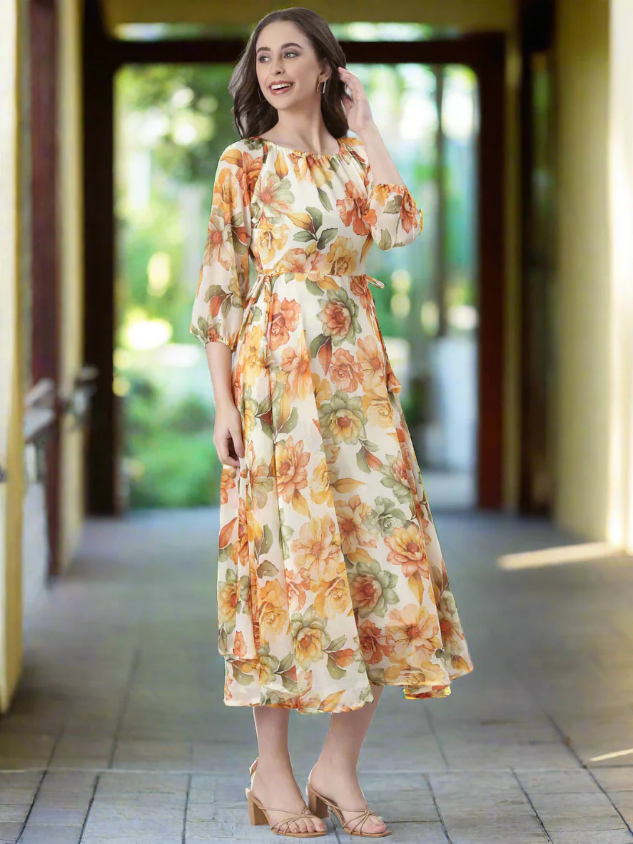 Women Cream Floral Chiffon Dress - Image 4