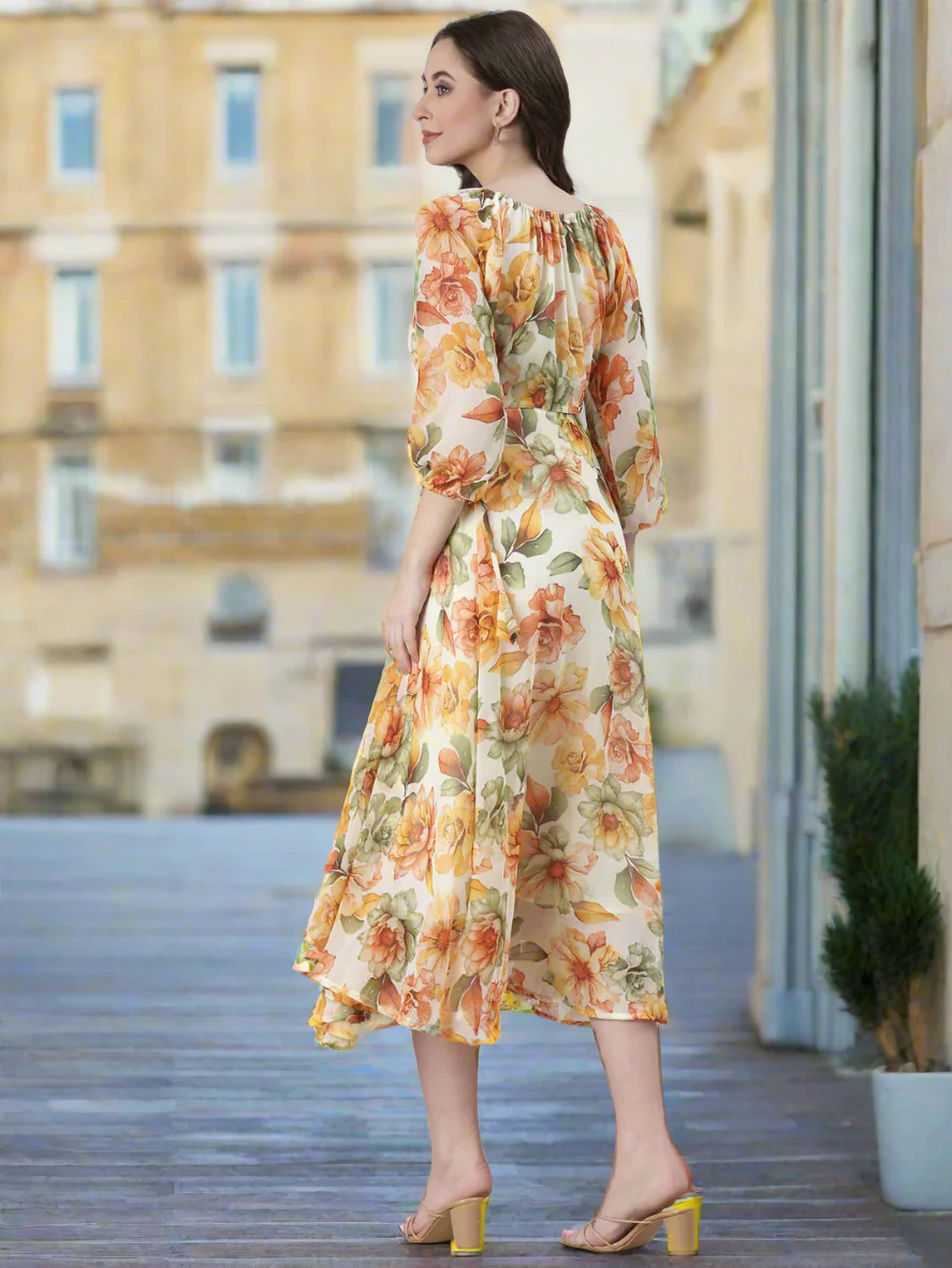 Women Cream Floral Chiffon Dress - Image 5