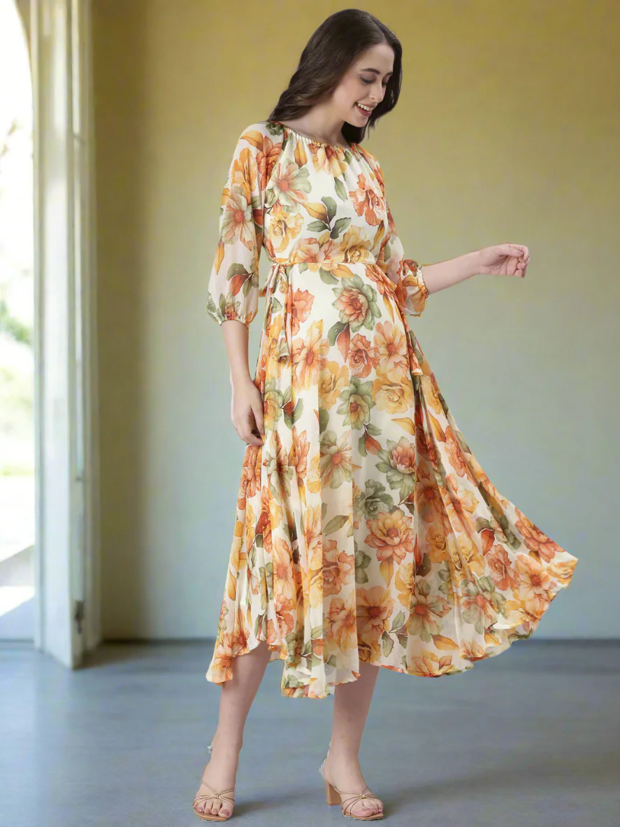 Women Cream Floral Chiffon Dress - Image 6