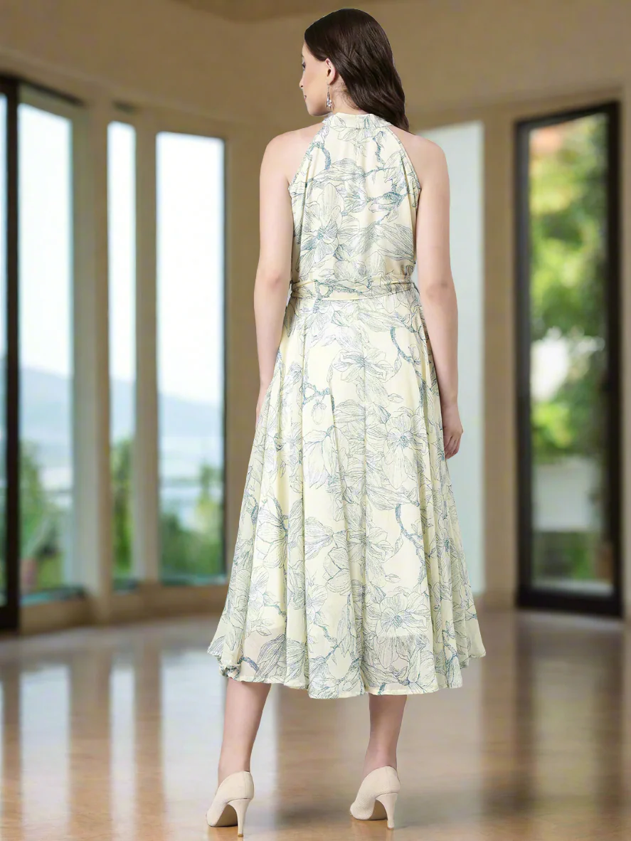 Women Cream Floral Chiffon Maxi Dress - Image 3