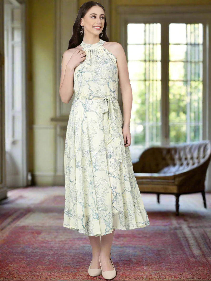 Women Cream Floral Chiffon Maxi Dress - Image 4