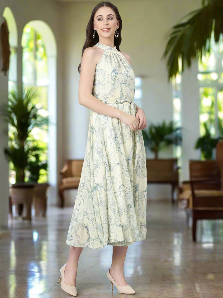 Women Cream Floral Chiffon Maxi Dress - Image 5
