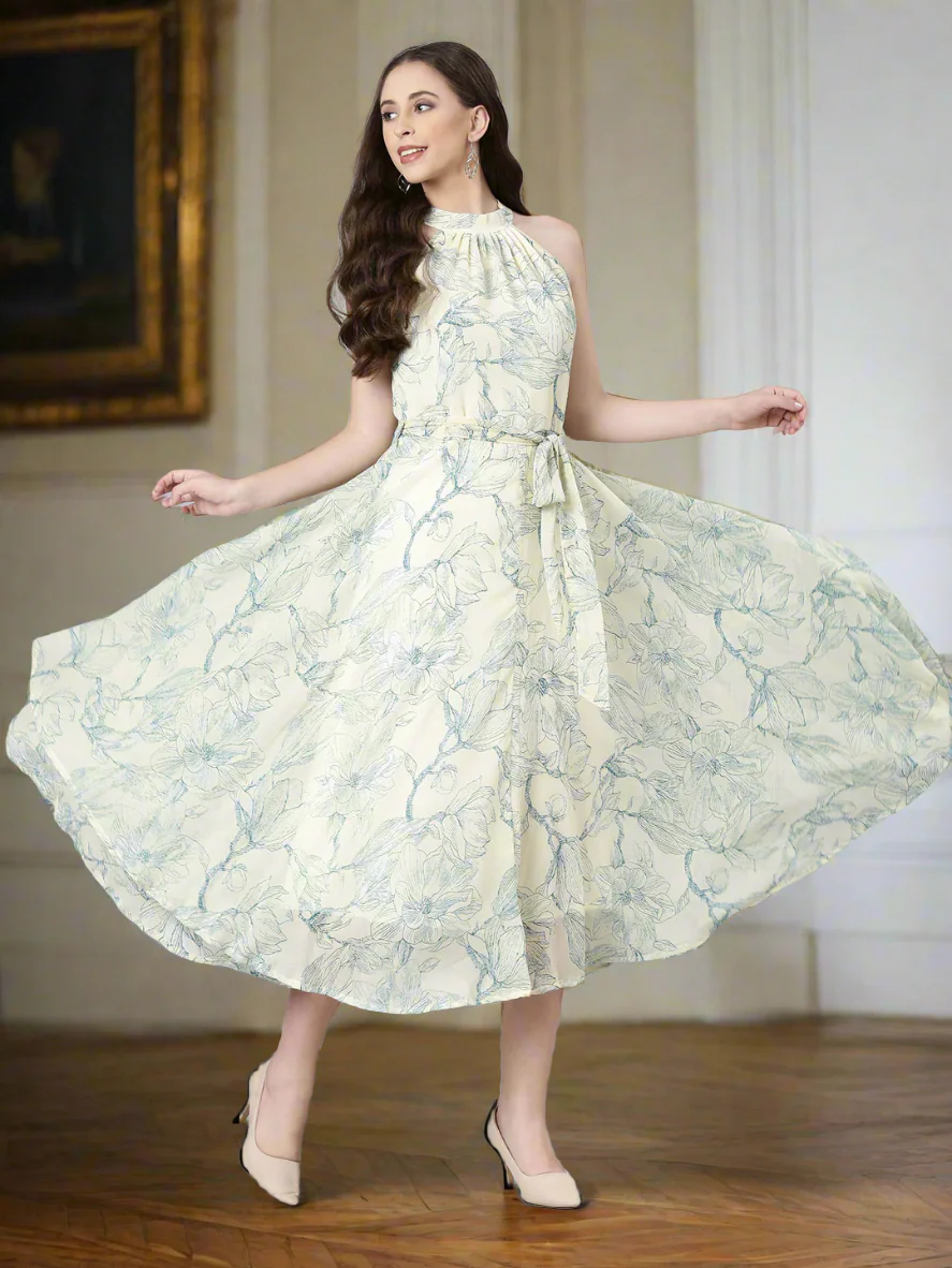 Women Cream Floral Chiffon Maxi Dress - Image 6