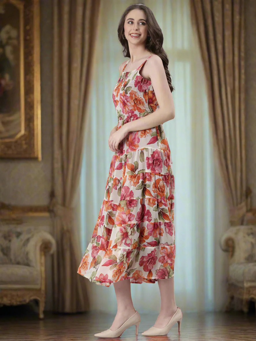 Women Cream Floral Print Tiered Dress - Image 2