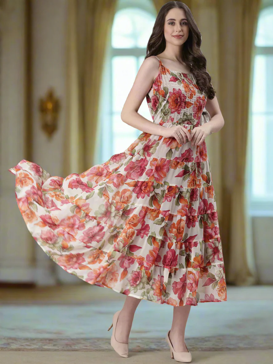 Women Cream Floral Print Tiered Dress - Image 3