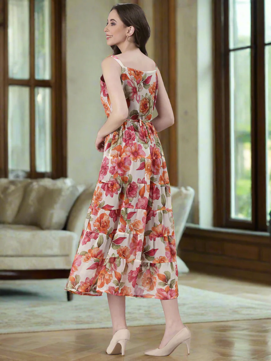 Women Cream Floral Print Tiered Dress - Image 4
