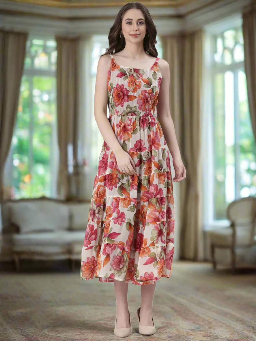 Women Cream Floral Print Tiered Dress - Image 5