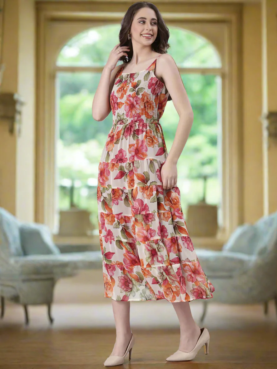 Women Cream Floral Print Tiered Dress - Image 6