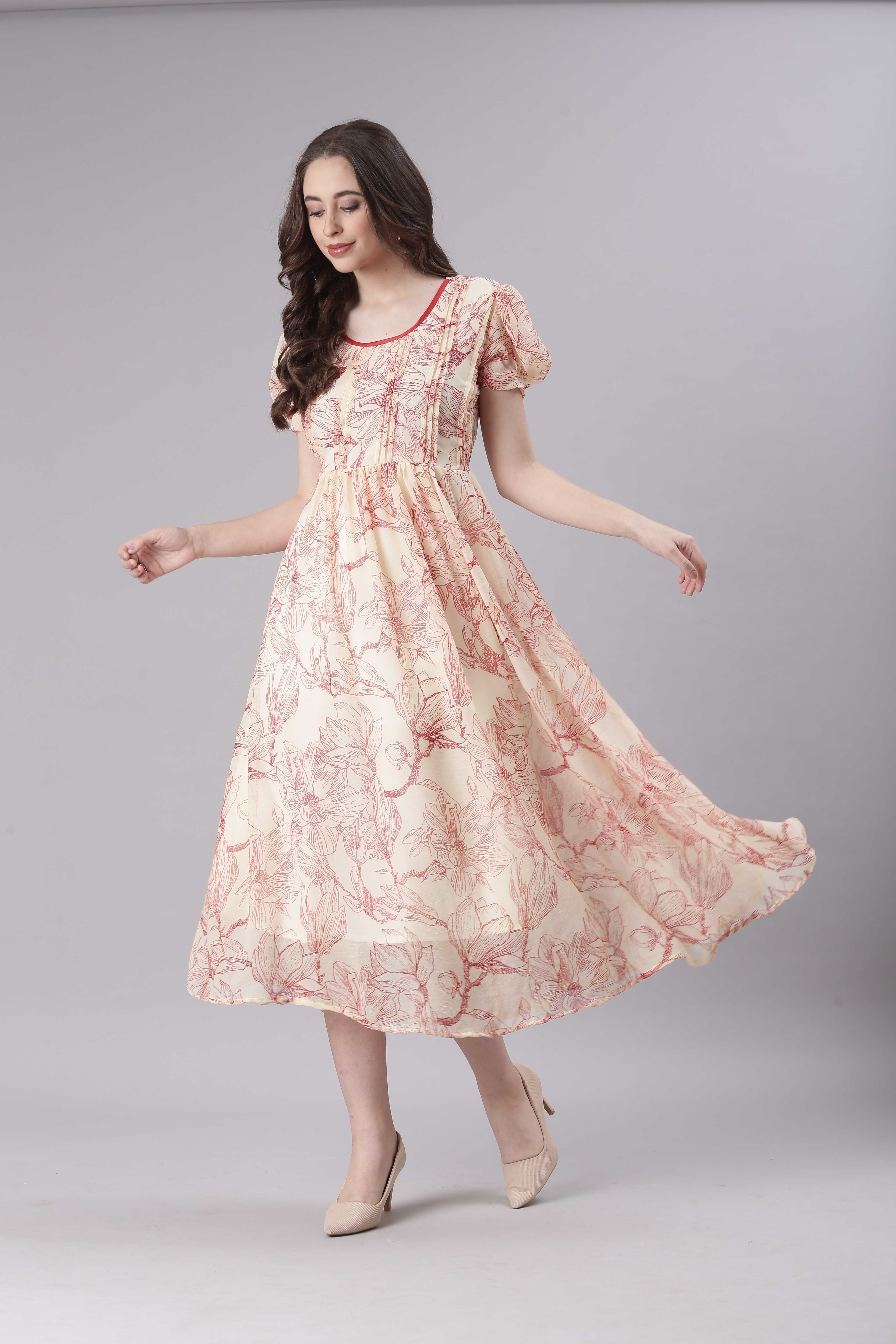 Women Cream Floral Printed Fit & Flare Dress - Image 2