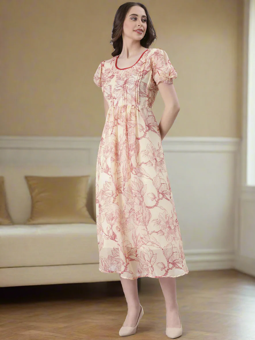 Women Cream Floral Printed Fit & Flare Dress - Image 3