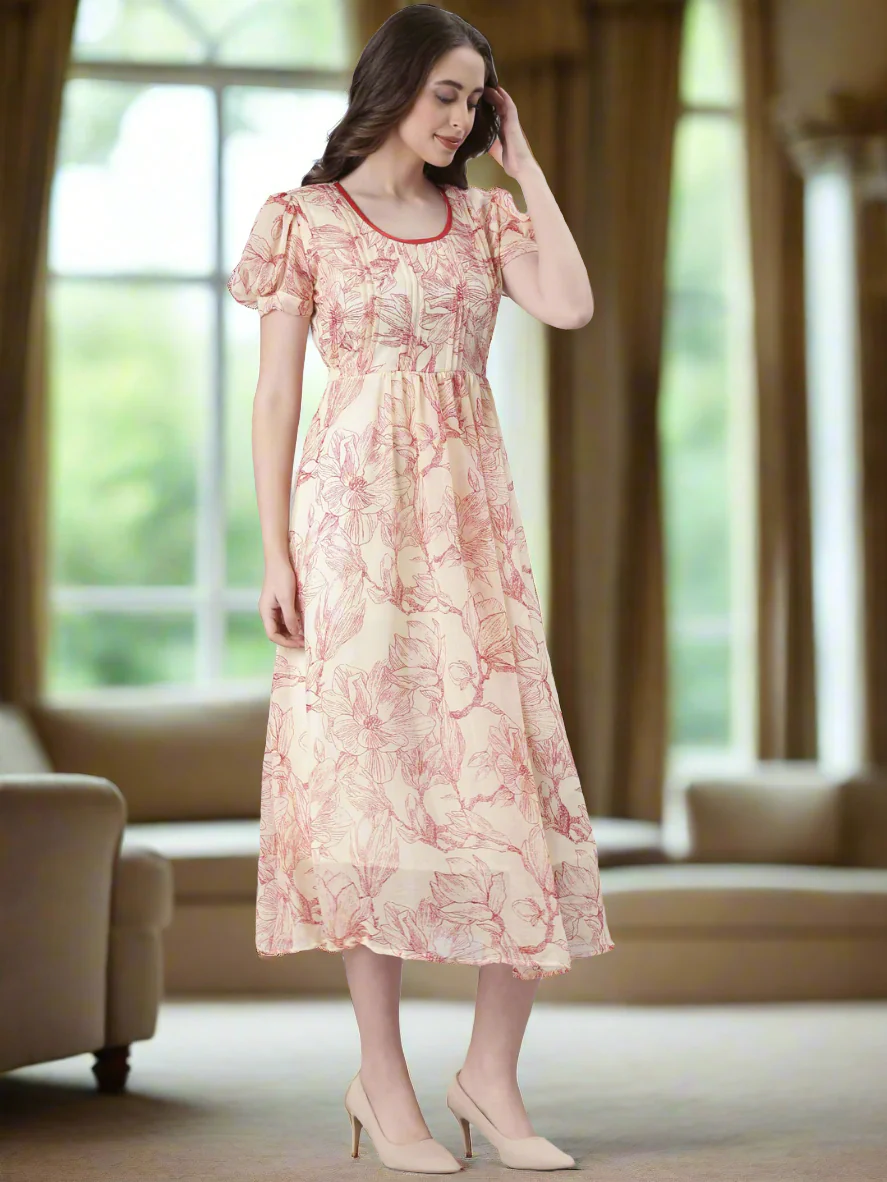 Women Cream Floral Printed Fit & Flare Dress - Image 4