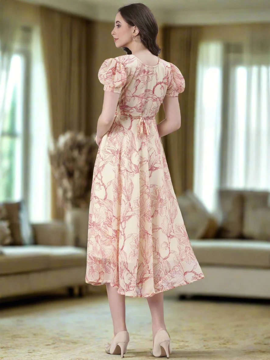 Women Cream Floral Printed Fit & Flare Dress - Image 5