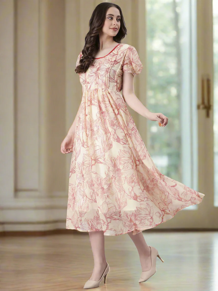 Women Cream Floral Printed Fit & Flare Dress - Image 6