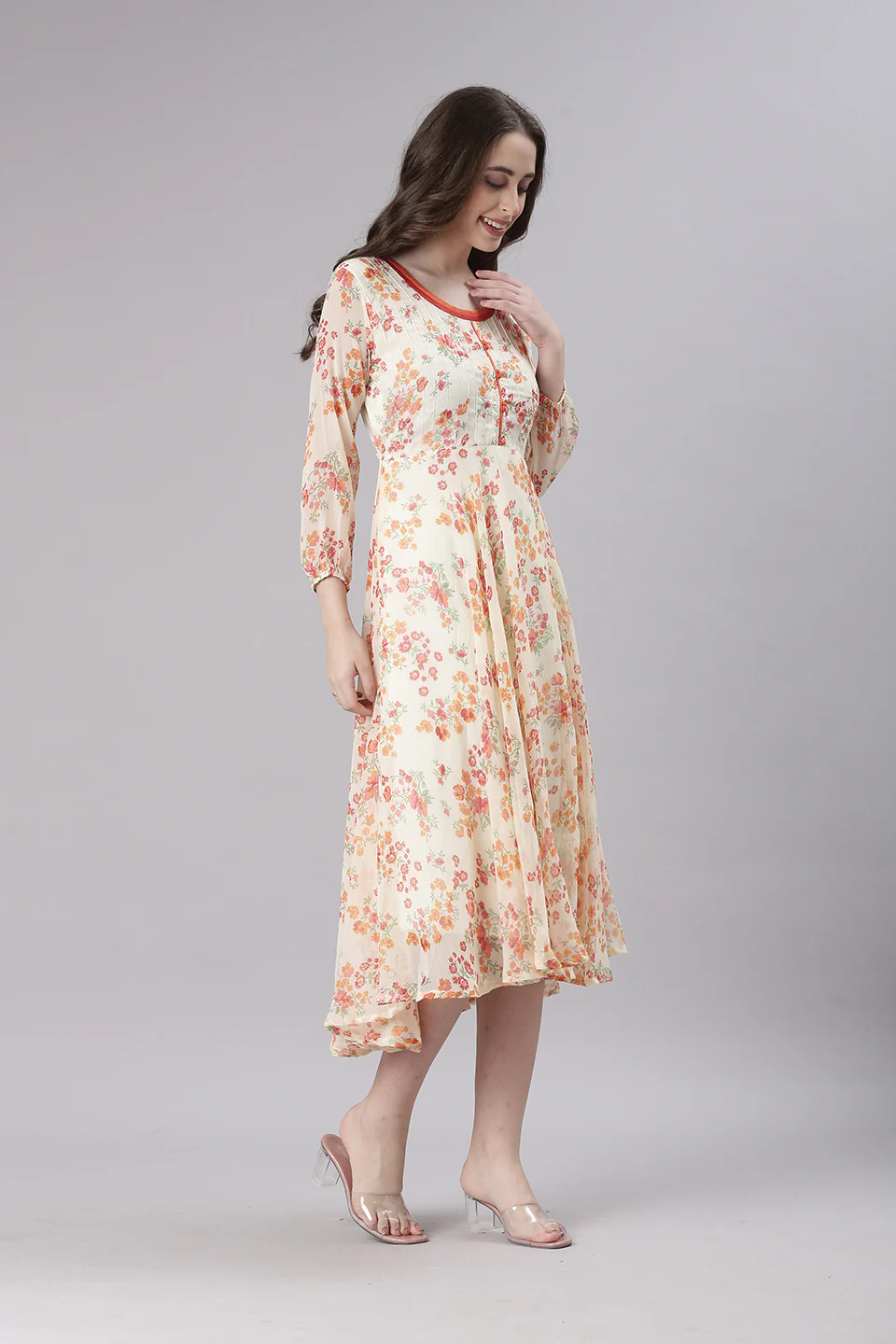 Women Cream Floral Printed Fit & Flare Dress - Image 2