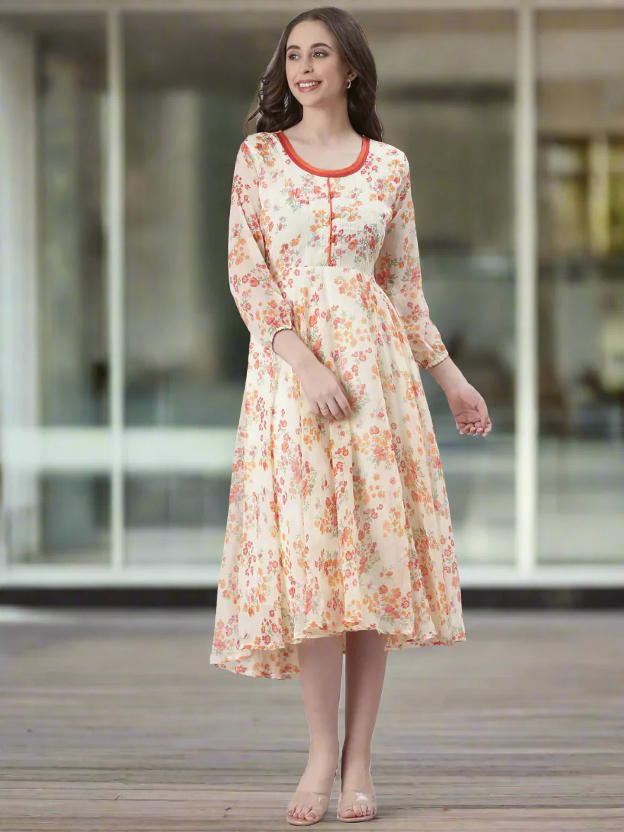Women Cream Floral Printed Fit & Flare Dress - Image 3