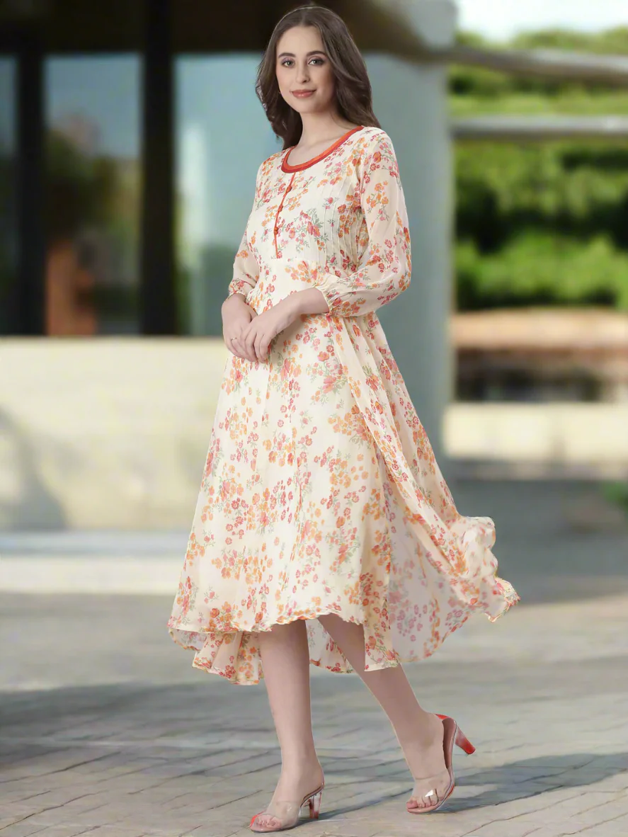 Women Cream Floral Printed Fit & Flare Dress - Image 4