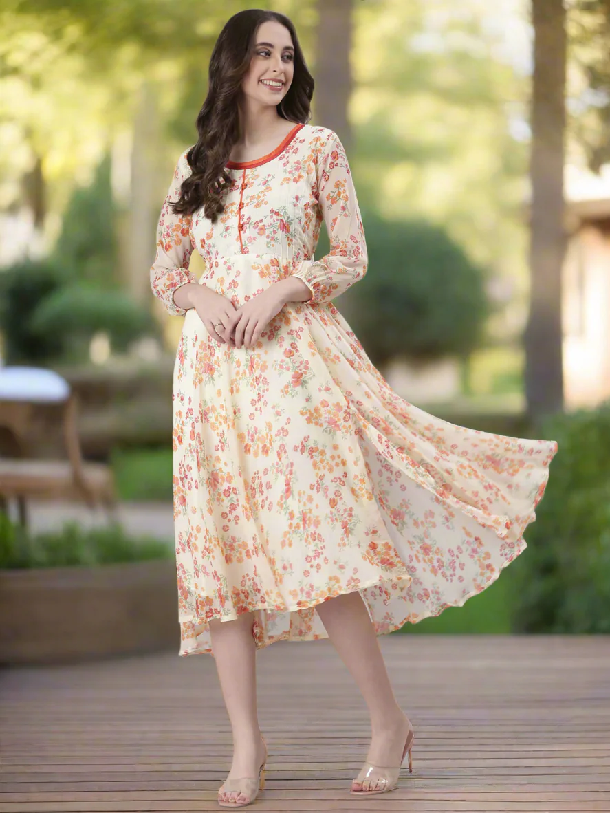 Women Cream Floral Printed Fit & Flare Dress - Image 5