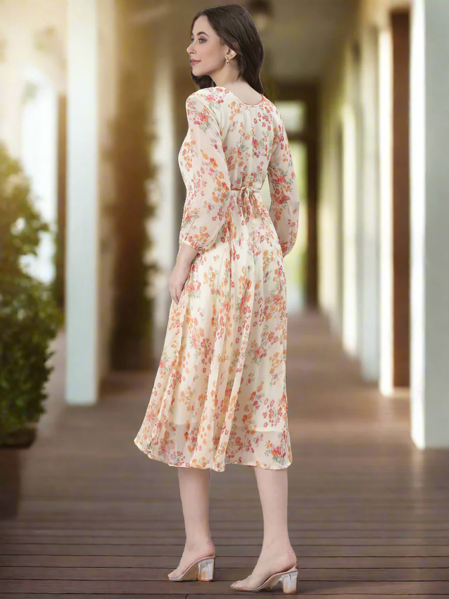 Women Cream Floral Printed Fit & Flare Dress - Image 6