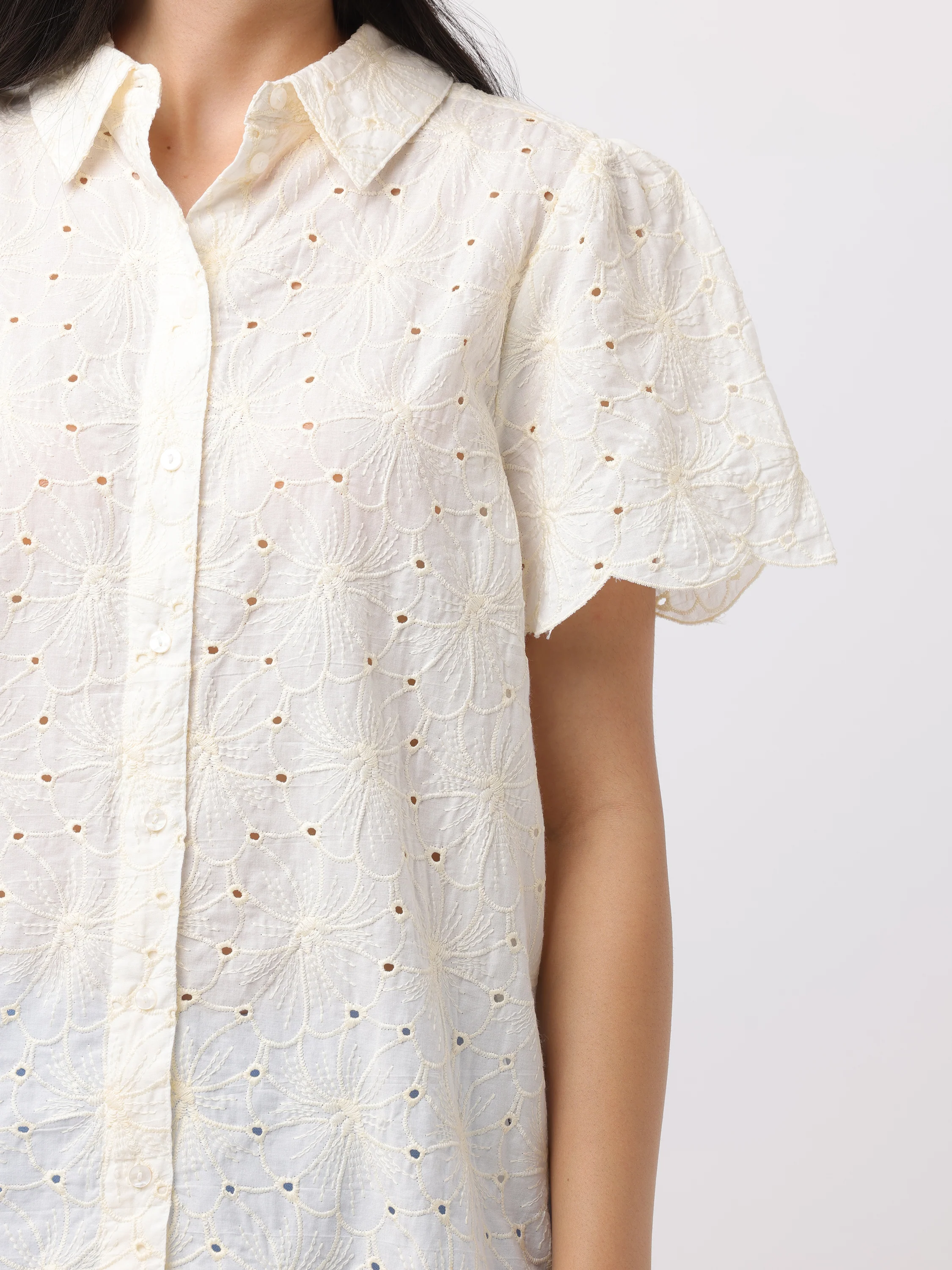 Women Cream Floral Shiffli Top - Image 2