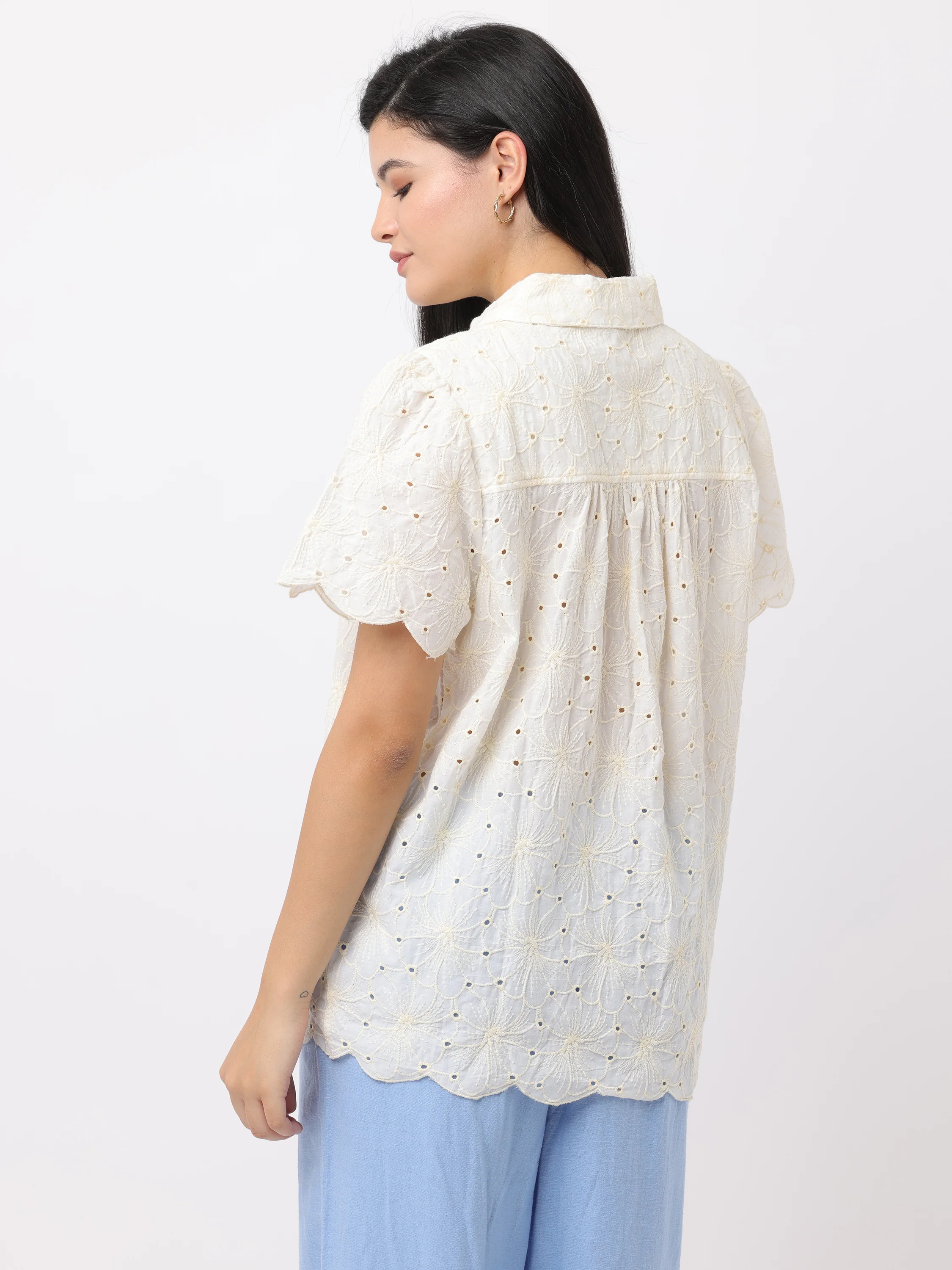 Women Cream Floral Shiffli Top - Image 3
