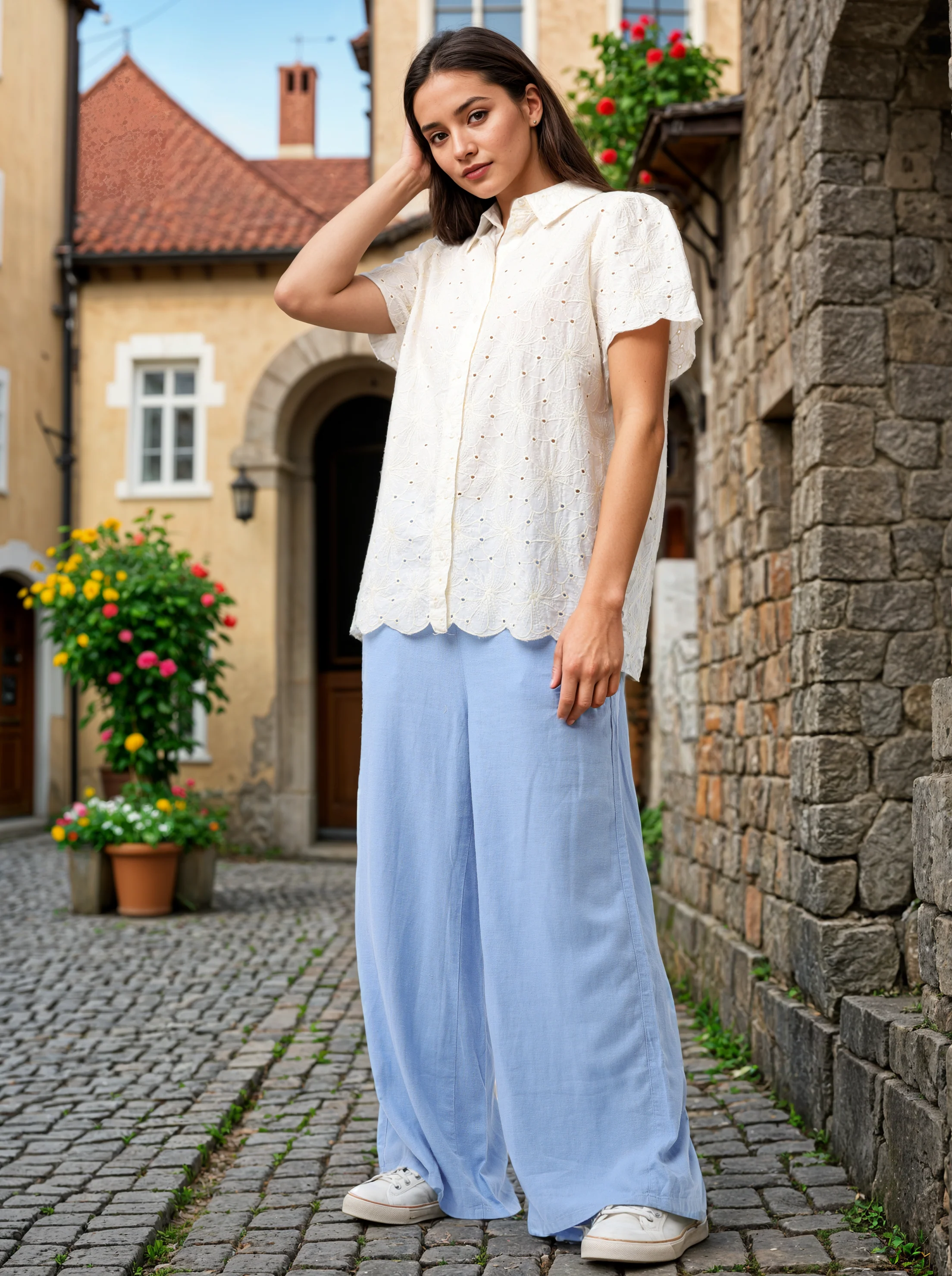 Women Cream Floral Shiffli Top - Image 5