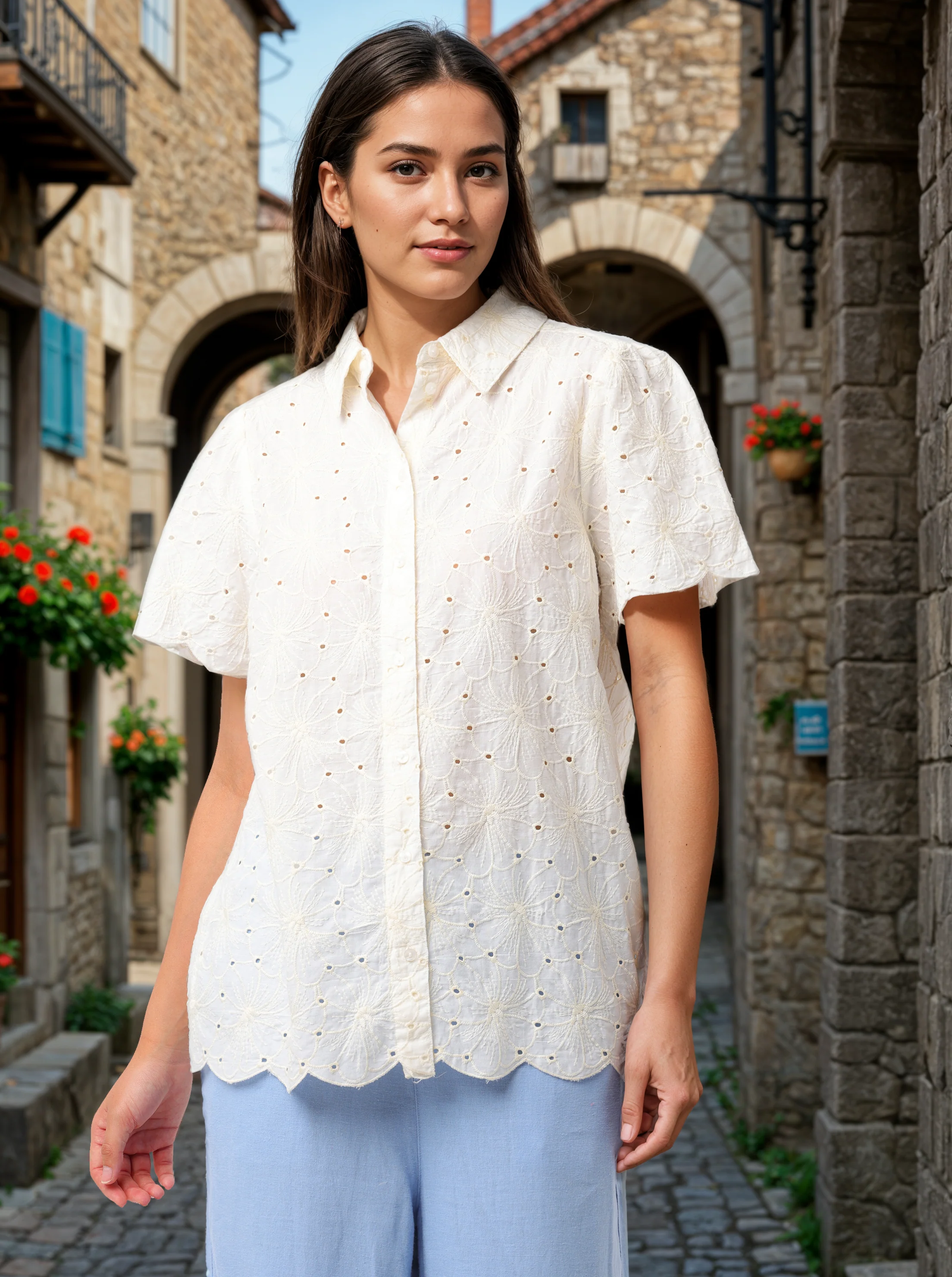 Women Cream Floral Shiffli Top - Image 6