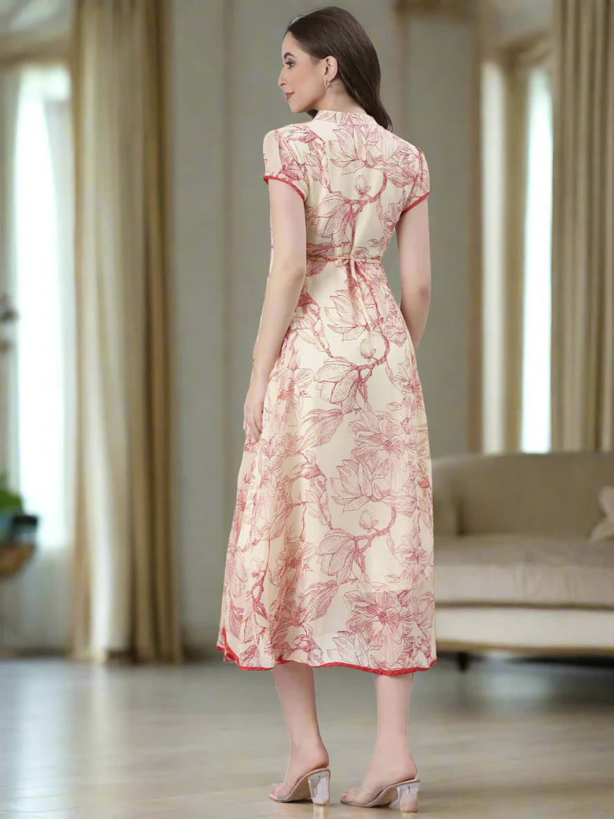 Women Cream Floral Tiered Midi Dress - Image 2